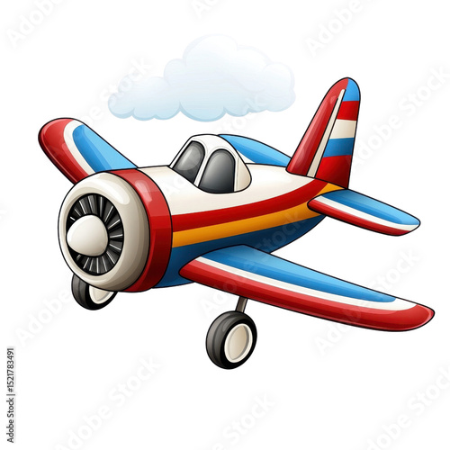 A cartoon airplane with red, white, and blue stripes flies against a transparent background. A small white cloud floats above it. The airplane has a propeller and wheels.