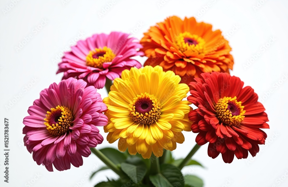 Zinnia flowers bouquet isolated on white background. Different colors red orange yellow pink violet flowers. Floral arrangement, greeting card design, home decor. Beautiful blooms. Zinnia flowers bouquet isolated on white background. Different colors red orange yellow pink violet flowers. Floral arrangement, greeting card design, home decor. Beautiful blooms.