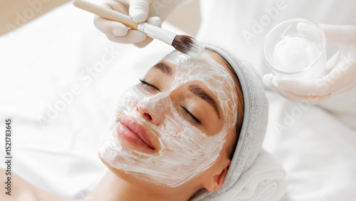 Canvastavla Beautiful lady getting facial mask treatment at beauty salon, skincare wellness, panorama shot, banner