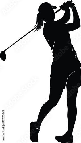 Silhouette of a female golfer in action swinging a golf club on white background