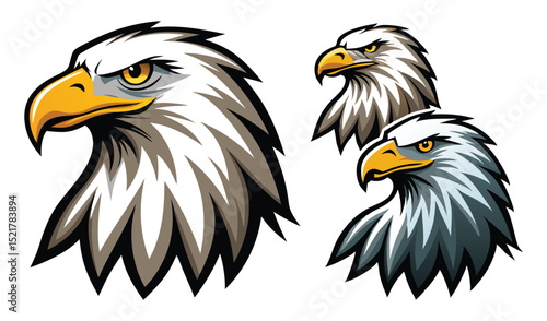 Photo of three stylized eagle heads, isolated on white background