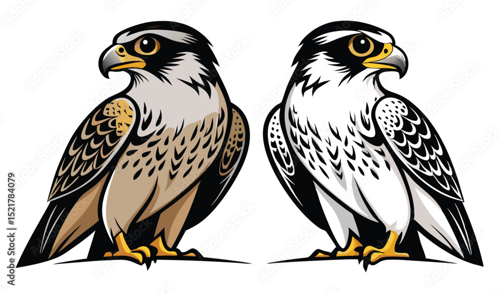 Photo of two stylized peregrine falcon illustrations, isolated on white background Photo of two stylized peregrine falcon illustrations, isolated on white background