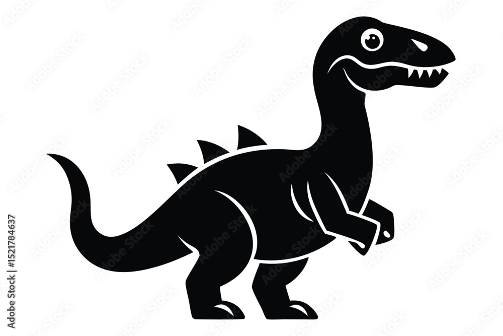 Silhouette Illustration of a Standing, Smiling Cartoon Dinosaur with Spikes and Teeth Silhouette Illustration of a Standing, Smiling Cartoon Dinosaur with Spikes and Teeth