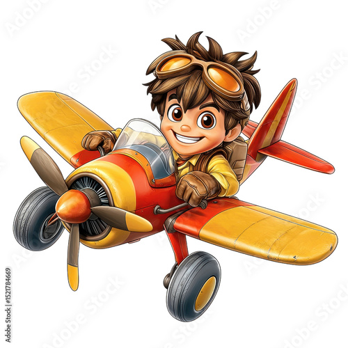 Smiling Cartoon Boy Pilot in Red and Yellow Airplane