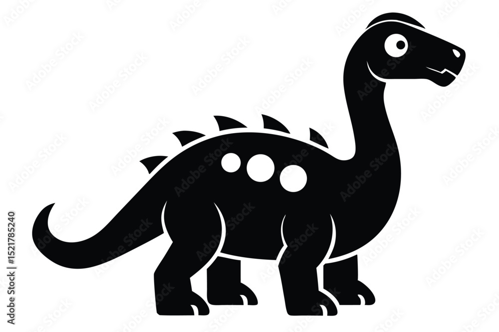 Obraz premium Black Cartoon Brontosaurus Illustration with Spikes, Circles, Tail, and Smiling Face Design