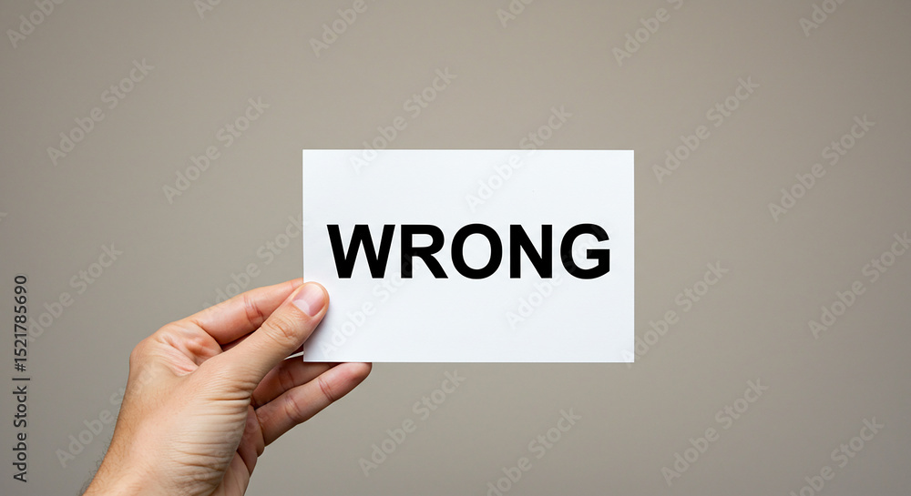 A hand holding a white card with the word wrong written in black letters against a gray background A hand holding a white card with the word wrong written in black letters against a gray background