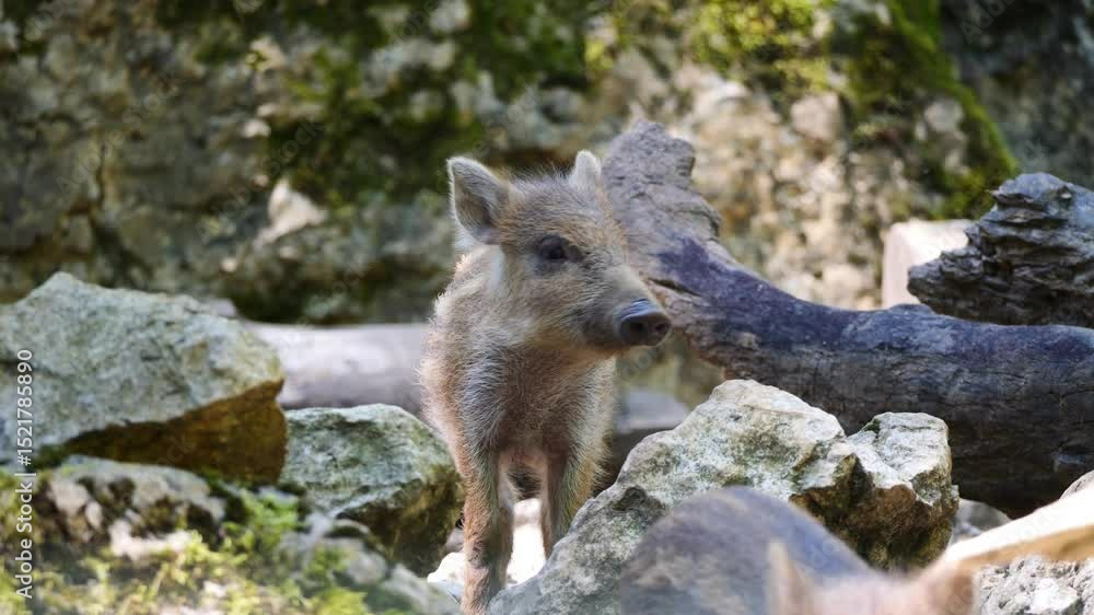View of a baby wild boar standing between rocks and looking sharply View of a baby wild boar standing between rocks and looking sharply