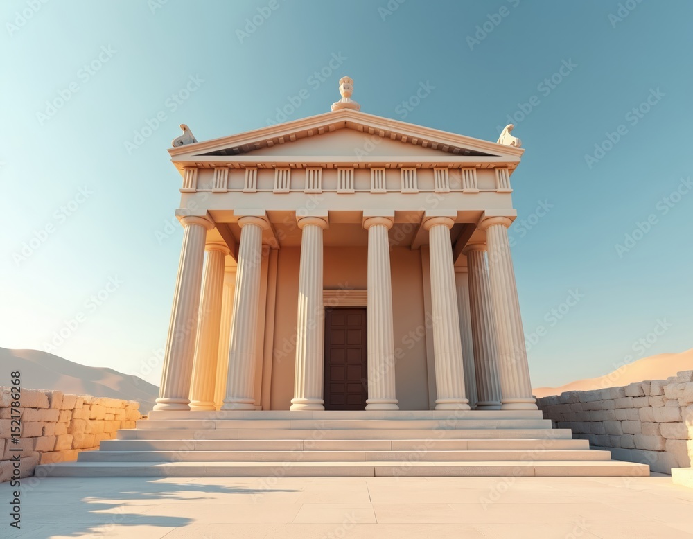 Obraz premium Ancient Greek temple bathed in morning sunlight. Classic architecture features columns, detailed facade. Timeless beauty, historic building structure. Destination for travel, tour. Outdoor scenic