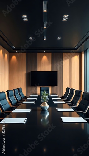 conference room with a black table and blue chairs