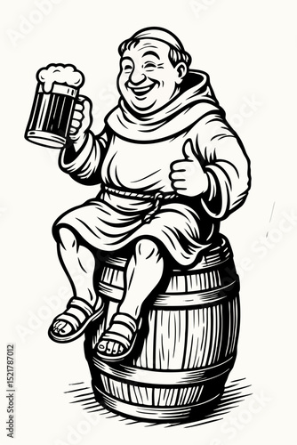 Εκτύπωση καμβά Medieval brewing theme with monk and barrel, vintage ink drawing.