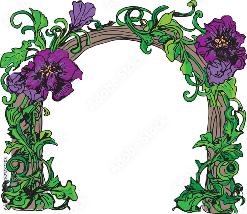 Purple pansy arch with green vine tendrils, border, frame
