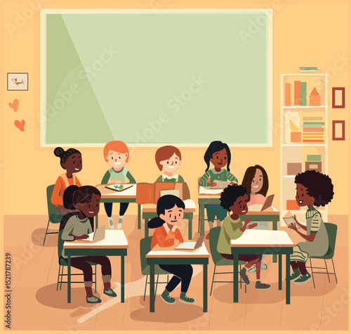 Illustration of elementary school teacher with students in classroom, desks and chalk board with copy space