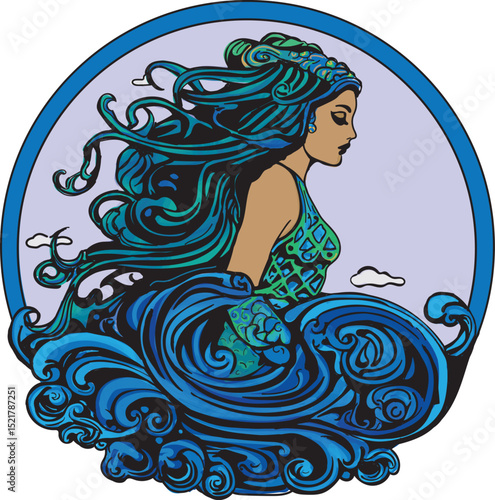 Round vector of a mythical mermaid, siren from Greek mythos, waves in front