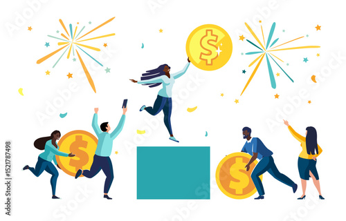 Vector illustration. Successful girl, businesswoman celebrating financial victory of gold bitcoin.People, African-American ethnic colleagues taking a selfie, with winner, money, dollar coins, ethereum
