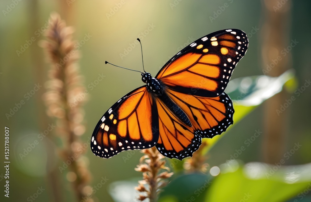 Monarch butterfly in natural habitat with blurred green background. Orange, black wings. Insect on flower in sunny summer garden. Details of flying insect, springtime, wildlife nature photography. Monarch butterfly in natural habitat with blurred green background. Orange, black wings. Insect on flower in sunny summer garden. Details of flying insect, springtime, wildlife nature photography.