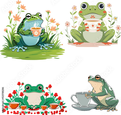 vector set of cute cartoon frogs drinking tea in floral gardens, whimsical amphibian characters with teacups collection