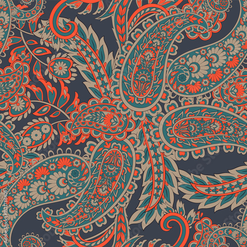 Madhubani, kalamkari, kani seamless pattern. Vector Ajrakh Ikat print patola. Background digital printing textile pattern floral allover design