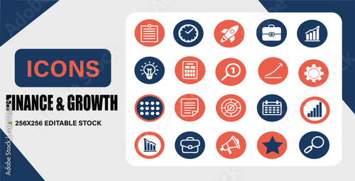 Finance and Growth Icon Collection: A curated array of clean and modern icons representing essential concepts in finance and business.