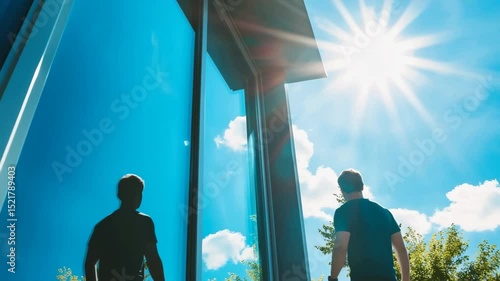 Two men standing outside a modern building, looking at their reflections in the glass. Bright sun shines in a clear blue sky.