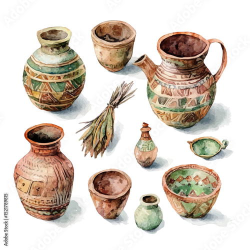 Cultural Artifacts, watercolor painting vector, high quality, isolated on a white background.