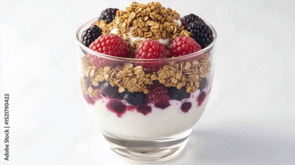 A glass bowl of layered yogurt parfait with granola topping A glass bowl of layered yogurt parfait with granola topping