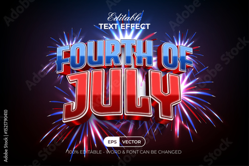 Fourth of July Text Effect 3D Curved Modern Style Background With Fireworks.