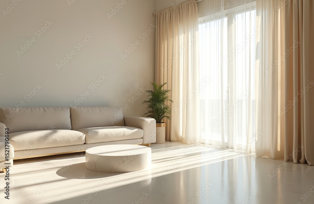 Fototapeta premium Modern sunlit interior with sofa, round table, curtains. Natural light, soft beige tones. Minimalist living room, tranquil atmosphere. New home design, interior inspiration. Cozy space.