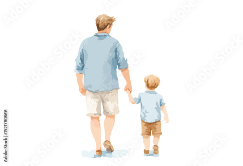 Father and son, dad is holding a child's hand. The child is wearing a yellow shirt, they are walking