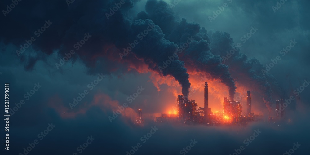 Fototapeta premium Industrial Plant Emitting Smoke at Dusk, Representing Environmental Impact and Corporate Responsibility in Energy Production : Generative AI