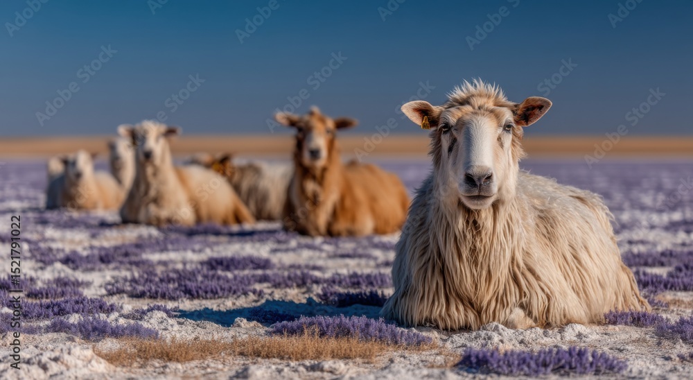 Fototapeta premium Sheep Resting in a Lavender Field Under a Clear Sky, Symbolizing Rural Tranquility and Sustainable Agriculture, Perfect for Farm Fresh Product Marketing : Generative AI