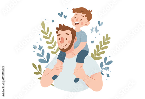 Happy father and son, dad is holding his child on his shoulders