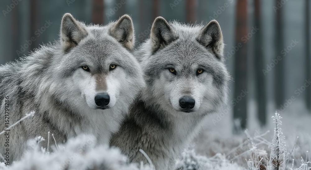 Fototapeta premium Two Gray Wolves Staring Intently in Snowy Forest, Symbolizing Loyalty and Wildlife Conservation Efforts : Generative AI