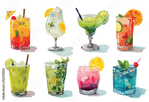 Set of cocktails, colorful summer beach drinks in glasses