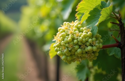 Wallpaper Mural Close-up of flowering grape bunch in vineyard. Green unripe grapes with tiny flowers, young leaves, vineyard rows background. Natural, organic farming, wine making, fresh harvest concept. Torontodigital.ca