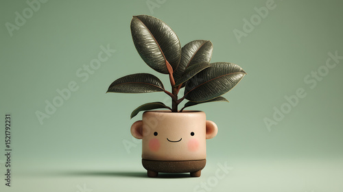 A stylized rubber plant with broad shiny leaves in a pot shaped like a head with ears and a smiling face, set on a soft green background. Minimalist charm.