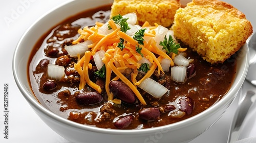 A bowl of rich chili with finely chopped onions and shredded cheddar cheese garnished on top