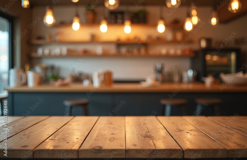 Empty wooden table top with bokeh lights blur kitchen background. Dark, blurred background of cafe or bar interior. Product display, advertising backdrop. Retro pub design, warm colors, cozy interior. Empty wooden table top with bokeh lights blur kitchen background. Dark, blurred background of cafe or bar interior. Product display, advertising backdrop. Retro pub design, warm colors, cozy interior.
