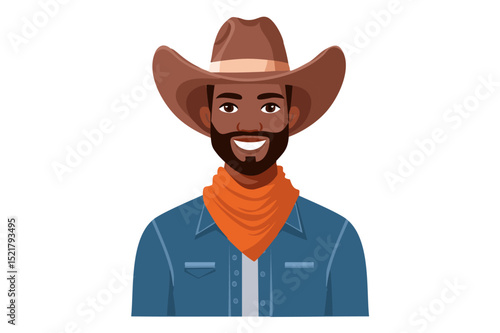 Bearded African American cowboy, dark-skinned cowboy in a brown hat, orange scarf and blue denim shirt