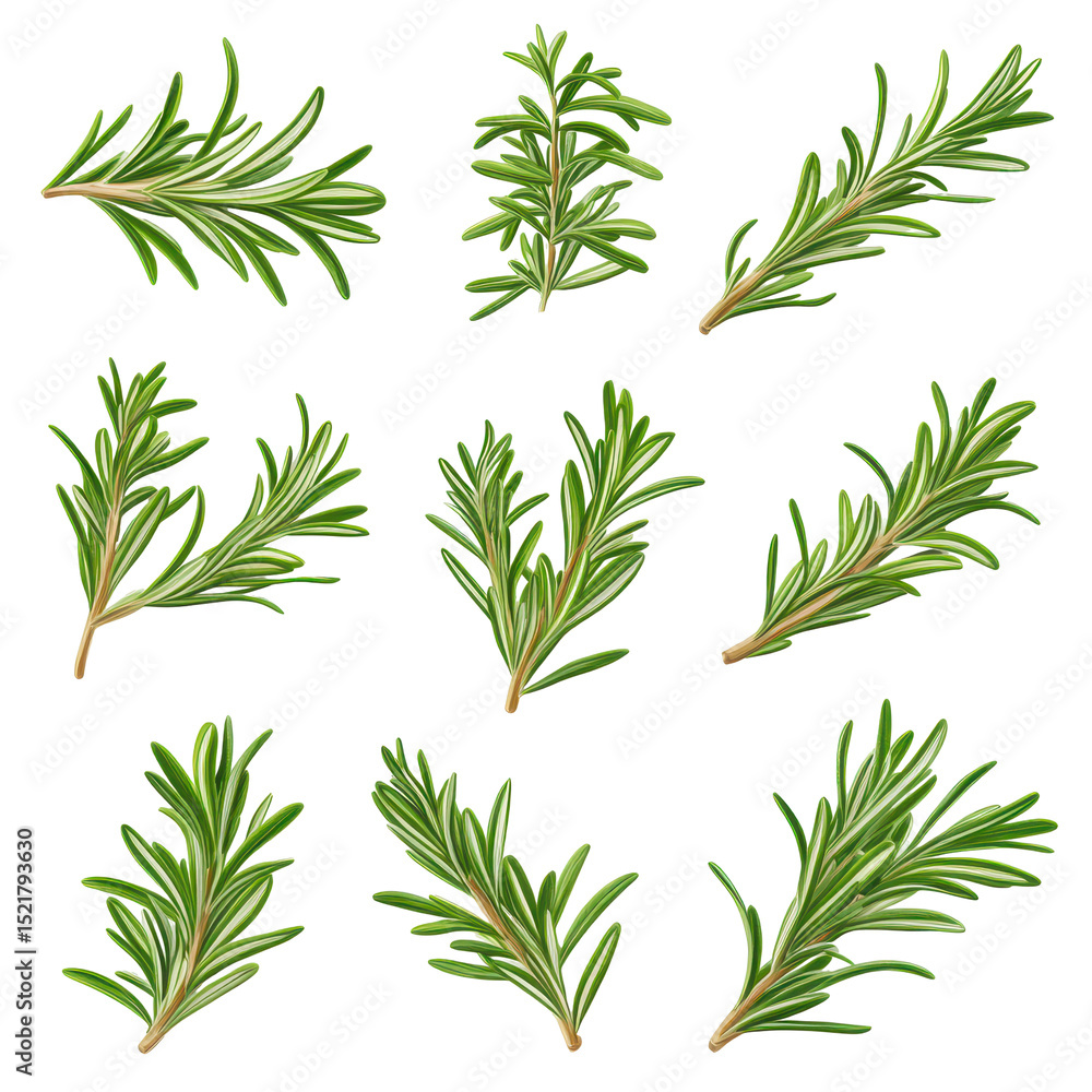 Obraz premium Fresh rosemary sprigs displayed on a white background showing different angles and arrangements taken in a kitchen setting