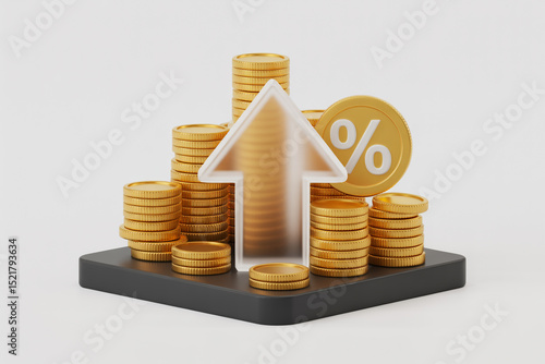3D Render of Gold Coins Stacked with Upward Arrow and Percentage Sign