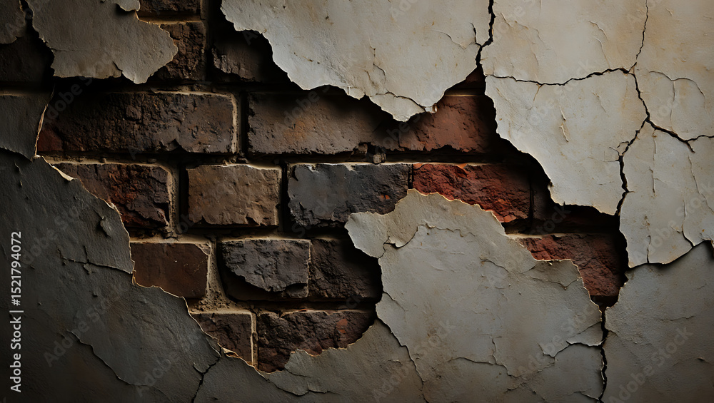 Fototapeta premium Crumbling and cracked with peeling paint, the damaged old brick wall reveals a rough, grunge texture, a weathered urban surface that serves as a textured background