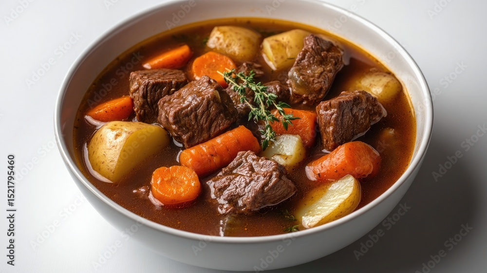 A bowl of hearty beef stew with chunks of tender beef A bowl of hearty beef stew with chunks of tender beef