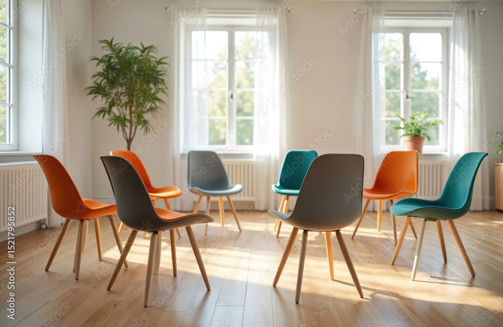 Empty chairs arranged in circle for therapy group session. Symbol of support and mental health treatment. Counseling, group therapy, communication, interpersonal relationships, wellbeing, psychology. Empty chairs arranged in circle for therapy group session. Symbol of support and mental health treatment. Counseling, group therapy, communication, interpersonal relationships, wellbeing, psychology.