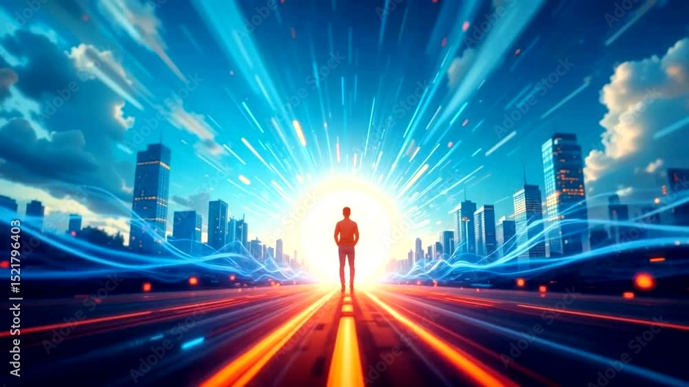 A person stands at the center of a vibrant, futuristic city road, bathed in a burst of light and speed A person stands at the center of a vibrant, futuristic city road, bathed in a burst of light and speed