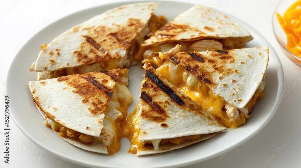 A perfectly grilled quesadilla sliced into triangular pieces A perfectly grilled quesadilla sliced into triangular pieces