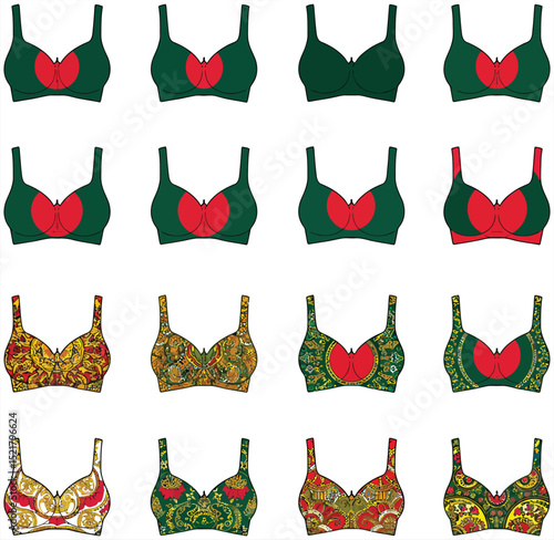 Diverse vector bra collection featuring Bangladesh flag and intricate traditional patterns. Perfect for cultural pride, ethnic fashion, and national event designs.