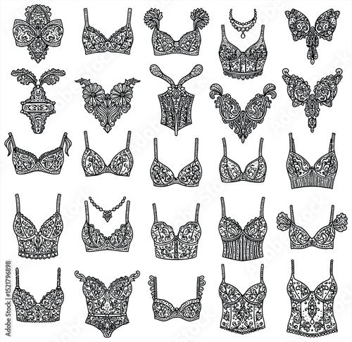 Intricate black and white vector lace lingerie collection: bras, bustiers, and ornate decorative elements, perfect for elegant fashion, bridal, and vintage design projects. Hand-drawn detailed.