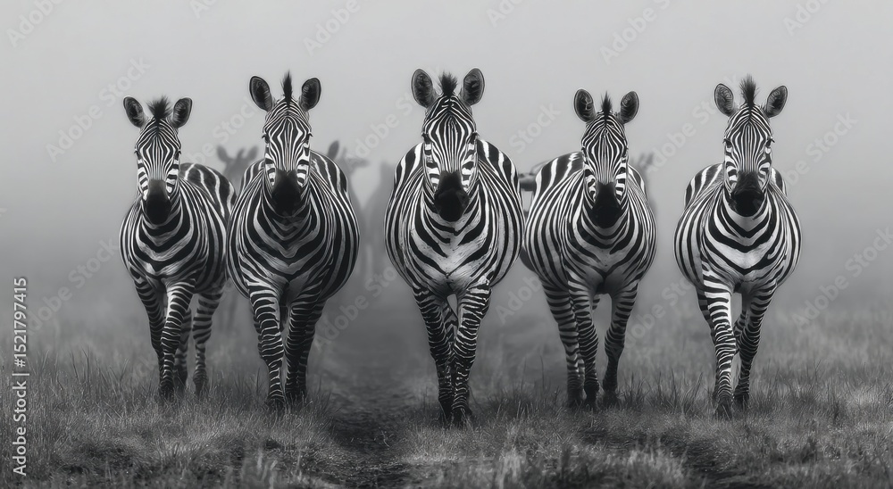 Fototapeta premium Zebras Walking Through Grassy Plains in Black and White, Symbolizing Wildlife Conservation and Natural Beauty, Perfect for Travel and Eco-Tourism Campaigns : Generative AI
