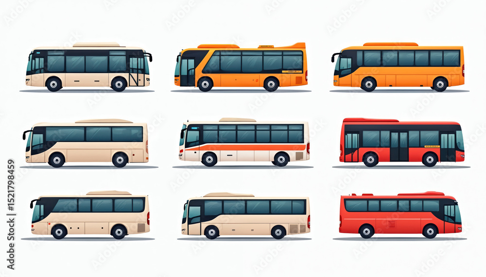 Illustration of diverse travel bus icons including coach, city transport vehicles for tour companies, public transportation services, airport express transfers, shuttle buses. Ideal for advertising, Illustration of diverse travel bus icons including coach, city transport vehicles for tour companies, public transportation services, airport express transfers, shuttle buses. Ideal for advertising,