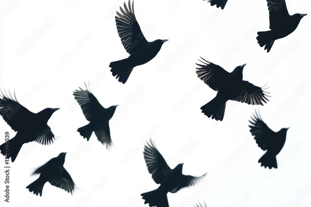 Fototapeta premium Slow motion flight of black birds against a pure white background captured in stunning detail